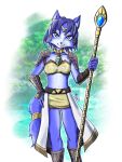  2020 3:4 accessory anthro belt blue_hair breasts canid canine clothing female fox fur green_eyes hair hair_accessory hanamonchi holding_object krystal mammal markings navel nintendo shoulder_pads smile solo staff star_fox tailband tribal_markings video_games weapon 