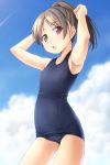  1girl armpits arms_up bare_arms bare_shoulders blue_sky blue_swimsuit blush breasts brown_eyes brown_hair cloud collarbone condensation_trail contrapposto cowboy_shot day highres looking_at_viewer old_school_swimsuit open_mouth original outdoors ponytail school_swimsuit shibacha sky small_breasts solo standing swimsuit 