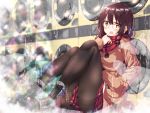  1girl :o black_footwear black_hair black_legwear blush brown_coat brown_eyes coat hand_in_pocket indoors knees_up looking_at_viewer numpopo pantyhose plaid plaid_scarf plaid_skirt red_scarf red_skirt scarf sitting skirt solo washing_machine 