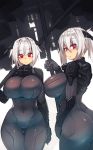  2girls absurdres ass ass_visible_through_thighs blush bodysuit breasts closed_mouth commentary covered_navel cowboy_shot eyebrows_visible_through_hair grey_bodysuit hair_between_eyes headgear highres holding huge_breasts looking_at_viewer multiple_girls original red_eyes short_hair skin_tight standing sub-res thigh_gap white_background white_hair 