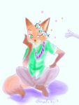  2020 3:4 anthro barefoot bottomwear canid canine clothed clothing disembodied_hand disney duo flower flower_crown fox fully_clothed fur halu3xyz hi_res mammal necktie nick_wilde orange_body orange_fur pants plant red_fox shirt simple_background sitting topwear white_background zootopia 