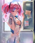  1girl alternate_hair_color azur_lane bangs bare_shoulders bow breasts bremerton_(azur_lane) bremerton_(scorching-hot_training)_(azur_lane) commentary crop_top crop_top_overhang drying eyebrows_visible_through_hair hair_between_eyes hair_bow hair_ornament hairclip heart heart_necklace ice_(ice_aptx) indoors large_breasts light_blue_hair light_particles locker locker_room long_hair multicolored_hair no_mole parted_lips pink_hair solo sportswear streaked_hair tennis_uniform twintails two-tone_hair two-tone_shirt two-tone_skirt x_hair_ornament 