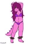  2020 ankle_cuffs anthro belly body_hair bra breasts clothed clothing colored_nails deltarune female freckles hair hair_over_eye hands_behind_head happy_trail long_hair long_nails long_tail looking_at_viewer nails navel one_eye_obstructed pink_body pink_hair pink_skin red_eyes scalie shackles simple_background slightly_chubby solo spiked_tail spikes stretch_marks susie_(deltarune) togalay underwear video_games yellow_sclera 