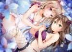  2girls absurdres armpit_crease bare_arms bare_shoulders blue_flower blurry bra breasts brown_hair cleavage collarbone covered_navel depth_of_field dress fishnet_legwear fishnets flower green_eyes hair_ribbon highres holding_hands large_breasts long_hair looking_at_viewer multiple_girls navel original parted_lips purple_bra red_eyes ribbon sleeveless sleeveless_dress small_breasts smile stomach strap_gap thighhighs thighs two_side_up underwear white_dress white_legwear yoshida_iyo yuri 