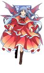  1girl blue_eyes boots dress eyebrows_visible_through_hair hair_bobbles hair_ornament haya_taro_pochi long_hair looking_at_viewer mystic_square one_side_up open_mouth red_dress ribbon shinki silver_hair simple_background smile solo touhou touhou_(pc-98) wings 