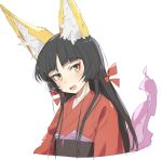  1girl animal_ear_fluff animal_ears bangs black_hair blunt_bangs blush eyebrows_visible_through_hair fang fox_ears fox_girl fox_tail hair_ribbon japanese_clothes kimono long_hair looking_at_viewer mdf_an open_mouth original red_kimono red_ribbon ribbon simple_background sketch smile solo tail upper_body white_background yellow_eyes 