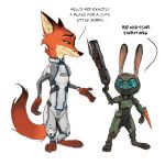  ... 1:1 2020 anthro armor barefoot body_armor canid canine cheek_tuft clothed clothing cosplay crossover crossover_cosplay dialogue disney doom_(series) duo english_text facial_tuft fox fully_clothed fur headgear helmet holding_gun holding_object holding_weapon id_software judy_hopps lagomorph leporid male mammal neck_tuft nick_wilde orange_body orange_fur rabbit red_fox samur_shalem simple_background standing text tuft video_games weapon white_background zootopia 
