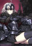  1girl ahoge armor bangs black_cape blood blood_stain breasts cape dark_sky fate/grand_order fate_(series) headpiece highres jeanne_d&#039;arc_(alter)_(fate) jeanne_d&#039;arc_(fate)_(all) medium_breasts ninnin_(shishitou) relaxing silver_hair sitting skull sky smile thighhighs thighs yellow_eyes 