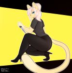 2020 anthro black_background black_clothing black_shirt black_topwear blue_eyes blue_sclera clothed clothing dipstick_tail domestic_cat eye_through_hair eyelashes fangs farrah_(zkelle) felid feline felis female fully_clothed fur hair hi_res high_heeled_boots holding_object holding_weapon kneeling knife legwear mammal melee_weapon multicolored_tail pink_hair ponytail shakotanbunny shirt signature simple_background solo topwear translucent translucent_hair weapon yellow_background yellow_body yellow_fur 