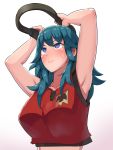  1girl armpits arms_up blue_eyes blue_hair blush boris_(noborhys) breasts byleth_(fire_emblem) byleth_(fire_emblem)_(female) collarbone exercise fire_emblem fire_emblem:_three_houses highres large_breasts medium_hair ring_fit_adventure seiyuu_connection shirt simple_background sleeveless solo sweatdrop upper_body white_background 
