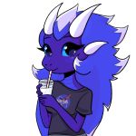  1:1 4_fingers 4_horns alpha_channel anthro aurora_stellaris belly_scales blue_eyes blush clothed clothing dragon drinking female fingers grey_clothing hair hi_res horn long_hair looking_at_viewer meg_(artist) milk multi_horn nasa purple_body purple_hair purple_scales scales scalie solo straw 