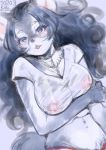  2020 anthro breasts clothed clothing female fur grey_body grey_fur hair holding_arm kiichi looking_at_viewer mammal open_mouth red_clothing solo translucent translucent_clothing twitter_username 