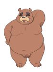  2020 animal_crossing anthro balls belly brown_body brown_fur eyes_closed fur genitals hi_res humanoid_genitalia humanoid_penis male mammal moobs navel nintendo overweight overweight_male penis pocket-panduh simple_background small_penis solo teddy_(animal_crossing) thechubbyrodent ursid video_games white_background 