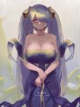  1girl blue_dress blue_eyes blue_hair blush breasts character_name cleavage commentary copyright_name covered_nipples dress english_commentary hair_over_one_eye highres huge_breasts league_of_legends looking_at_viewer one_eye_covered own_hands_together pandea_work parted_lips solo sona_buvelle standing 