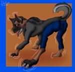  absurd_res all_fours bottomwear canid canine canis claws clothing domestic_dog dragonwithgames feral hi_res husky male mammal nordic_sled_dog pants pattern shiba_inu simple_background spitz tongue tongue_out transformation with 