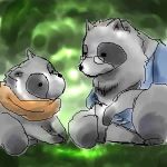  1:1 2008 anthro canid canine clothing duo eyewear feral fur glasses grey_body grey_fur low_res mammal raccoon_dog ryou_(pixiv_112473) scarf shirt sitting tanuki topwear 