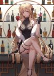  1girl absurdres alcohol bar bare_shoulders black_dress black_footwear black_gloves blonde_hair bottle breasts brown_eyes china_dress chinese_clothes cleavage collarbone crossed_legs cup dress drinking fur girls_frontline gloves hair_ornament hair_ribbon high_heels highres legs long_hair looking_at_viewer medium_breasts ots-14_(girls_frontline) rack ribbon shoes sitting sitting_on_bar smile solo strapless strapless_dress thighs tlgn001018 very_long_hair wine wine_bottle 