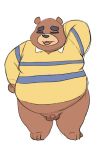 2020 animal_crossing anthro balls belly brown_body brown_fur clothing eyes_closed fur genitals hi_res humanoid_genitalia humanoid_penis male mammal nintendo overweight overweight_male penis pocket-panduh shirt simple_background small_penis solo teddy_(animal_crossing) thechubbyrodent topwear ursid video_games white_background 