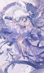  1girl amatsukiryoyu blue_dress blue_eyes blue_hair commentary dress flower full_body hair_flower hair_ornament hatsune_miku high_heels jellyfish liquid long_hair looking_at_viewer outstretched_arm petals purple_flower ribbon smile solo thighhighs twintails very_long_hair vocaloid white_legwear 