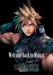  1boy biceps black_background blonde_hair cloud_strife copyright_name english_text final_fantasy final_fantasy_vii final_fantasy_vii_remake highres logo looking_at_viewer nomura_tetsuya official_art serious shoulder_armor sleeveless sleeveless_turtleneck solo spiked_hair sword turtleneck upper_body weapon weapon_on_back 