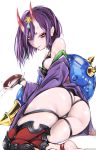  1girl ass bob_cut breasts fate/grand_order fate_(series) from_behind highres horns japanese_clothes kilalesi kimono looking_at_viewer looking_back oni oni_horns open_clothes open_kimono purple_eyes purple_hair purple_kimono revealing_clothes shiny shiny_hair shiny_skin short_eyebrows short_hair shuten_douji_(fate/grand_order) simple_background sitting skin-covered_horns solo white_background 