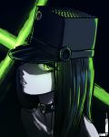  1girl absurdres black_background collar commentary english_commentary game_console glowing glowing_eyes green_eyes hat highres lips loen-lapae long_hair looking_at_viewer microsoft original pale_skin personification simple_background solo xbox xbox_series_x 