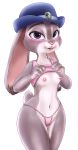  2018 alternate_version_at_source anthro blush breasts clothing clothing_lift disney ears_down female fur grey_body grey_fur hat headgear headwear hi_res judy_hopps lagomorph leporid looking_at_viewer mammal navel nipples orca_(artist) panties pivoted_ears purple_eyes rabbit smile solo underwear zootopia 