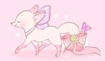  2020 blush bow_ribbon canid canine eyes_closed feral flower fox fur mammal memegmu pink_background plant simple_background smile solo walking 