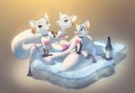  absurd_res anthro arctic_fox arctic_fox_masseuse_(zootopia) bikini blue_eyes bottle brown_eyes canid canine clothed clothing disney ear_piercing female fluffy fluffy_tail fox green_eyes group hi_res ice looking_up mammal piercing pillow pointedfox skimpy smile swimwear zootopia 