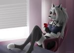  anthro barefoot canid canid_demon claws clothed clothing collar crossed_legs demon feet female fluffy fur furniture grey_body grey_fur hair hellhound helluva_boss hi_res legs_up loona_(vivzmind) mammal solo unclepanda 