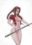  absurdres aerith_gainsborough bluecup bow bracelet braid braided_ponytail breasts brown_hair cropped_jacket final_fantasy final_fantasy_vii final_fantasy_vii_remake green_eyes hair_bow highres jacket jewelry naked_coat navel nipples pussy red_jacket serious simple_background staff stomach 
