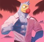  abs animal_crossing anthro avian beak blue_body clothed clothing cloud eyewear hand_on_hip hi_res jrjresq male muscular muscular_male nintendo nipples pink_nipples pink_sky shirt solo sunglasses topwear video_games white_clothing white_shirt white_topwear wilbur_(animal_crossing) 