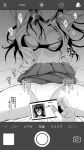  bed_sheet bra fukunaga_yukito id_card long_hair lying monochrome no_panties on_back open_clothes open_shirt original phone_screen skirt skirt_lift underwear 