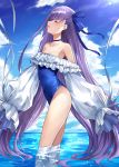  1girl asle bangs bare_shoulders blue_ribbon blue_sky blush breasts choker closed_eyes collarbone fate/grand_order fate_(series) frills greaves hair_ribbon long_hair long_sleeves meltryllis meltryllis_(swimsuit_lancer)_(fate) ocean off-shoulder_swimsuit one-piece_swimsuit parted_lips profanity prosthesis prosthetic_leg puffy_sleeves purple_hair ribbon sky sleeves_past_fingers sleeves_past_wrists small_breasts solo swimsuit thighs very_long_hair wading water white_ribbon 