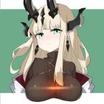  1girl arknights black_sweater blonde_hair blush breasts closed_mouth dragon_horns earrings eyebrows_visible_through_hair glowing green_background green_eyes horns jacket jewelry large_breasts long_hair looking_at_viewer off_shoulder reed_(arknights) ribbed_sweater simple_background solo sweater turtleneck turtleneck_sweater upper_body white_jacket windmill_9 