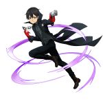  1boy amamiya_ren amamiya_ren_(cosplay) black_coat black_footwear black_hair black_pants boots coat cosplay gloves gun highres holding holding_gun holding_mask holding_weapon kirito leg_up long_sleeves looking_at_viewer male_focus mask official_art pants persona persona_5 red_gloves running shiny shiny_hair solo sword_art_online transparent_background weapon 