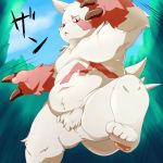  1:1 2015 ageinu anthro belly fur japanese_text male nintendo outside overweight pok&eacute;mon pok&eacute;mon_(species) red_body red_fur solo text video_games white_body white_fur zangoose zangoose_day 