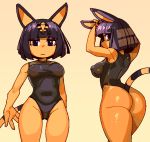  2020 4_fingers animal_crossing ankha_(animal_crossing) anthro blue_eyes breasts butt clothing domestic_cat egyptian eyelashes eyeshadow felid feline felis female fingers front_view hair half-closed_eyes hand_on_head looking_at_viewer looking_back makeup mammal multiple_poses narrowed_eyes navel nintendo nipple_outline one-piece_swimsuit portrait pose rear_view simple_background solo standing swimwear three-quarter_portrait uraeus video_games wamudraws yellow_body 