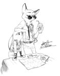  2019 absurd_res belt bottomwear canid canine clothing disney eyewear food fox fur hi_res holding_cup holding_object judy_hopps lagomorph leporid mammal monochrome necktie nick_wilde pants pawpsicle popsicle rabbit red_fox rio_skywalker shirt simple_background smile straw sunglasses topwear walkie_talkie white_background zootopia 