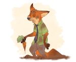 2020 anthro barefoot bottomwear canid canine carrot cheek_tuft clothed clothing dirty disney facial_tuft food fox fully_clothed fur head_tuft holding_food holding_object male mammal neck_tuft necktie nick_wilde nyaasu orange_body orange_fur pants plant red_fox shirt solo standing topwear tuft vegetable zootopia 