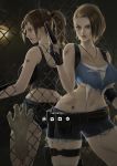  2girls ass back-to-back bare_shoulders black_tank_top blue_eyes blue_tank_top breasts brown_hair bruise chain-link_fence claire_redfield commentary crop_top denim denim_shorts dirty fence fingerless_gloves gloves gun handgun high_ponytail highres holding holding_gun holding_weapon injury jewelry jill_valentine large_breasts long_hair midriff multiple_girls navel necklace pistol ponytail rain_wzq resident_evil shorts sidelocks stomach thick_thighs thigh_strap thighs torn_clothes underboob weapon zombie 