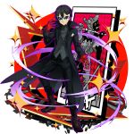  1boy amamiya_ren amamiya_ren_(cosplay) black_coat black_eyes black_footwear black_hair black_pants boots card closed_mouth coat cosplay full_body gloves highres holding holding_card kirito long_sleeves looking_at_viewer male_focus mask official_art pants persona persona_5 red_gloves shiny shiny_hair solo standing sword_art_online tarot the_fool_(tarot_card) 