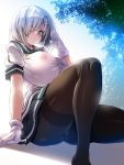  1girl areolae bare_legs black_legwear black_swimsuit blue_eyes blue_skirt bow breasts closed_mouth commentary_request covered_nipples gloves grey_hair hamakaze_(kantai_collection) highres huge_breasts kantai_collection knee_up leaf one-piece_swimsuit panties panties_under_pantyhose pantyhose pantyshot pantyshot_(sitting) pleated_skirt sailor_collar salute school_uniform see-through shiny shiny_skin shirt sitting skirt smile solo swimsuit taut_clothes taut_swimsuit torisan underwear white_gloves white_shirt yellow_bow 
