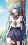  1girl aaru against_tree aqua_eyes aqua_hair arms_behind_back blue_collar blue_skirt blue_sky blurry blurry_background collar commentary expressionless hatsune_miku highres leg_up light_blush long_hair looking_at_viewer miniskirt neckerchief outdoors pleated_skirt red_neckwear sailor_collar school_uniform serafuku shirt short_sleeves skirt sky solo tree twintails very_long_hair vocaloid white_shirt 