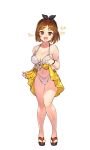  1girl atelier_(series) atelier_ryza bikini blush breasts brown_eyes brown_hair cleavage collarbone coon eyebrows_visible_through_hair full_body hair_ornament hairclip highres large_breasts looking_at_viewer navel open_mouth reisalin_stout short_hair smile smug solo swimsuit thick_thighs thighs translation_request 