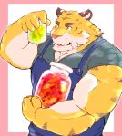  5_fingers anthro apron biceps clothed clothing cromren fangs felid fingers fur green_eyes hi_res holding_object male mammal pantherine pink_nose shirt solo tiger topwear white_body white_fur yellow_body yellow_fur 
