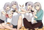  4girls ak-12_(girls_frontline) ak-15_(girls_frontline) an-94_(girls_frontline) bangs blonde_hair bow breasts can coca-cola controller defy_(girls_frontline) feeding food game_controller girls_frontline green_eyes green_shirt grey_hair hair_bow hair_ribbon hairband highres long_hair multiple_girls navel necktie open_eyes pants pizza plate playing_games purple_eyes ribbon rpk-16_(girls_frontline) shirt short_hair shorts silayloe silver_hair skirt white_shirt 