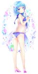  1girl :o absurdres ass bangs bare_arms bare_shoulders bikini blue_bikini blue_eyes blue_hair blush breasts eyebrows_visible_through_hair flower full_body hair_flower hair_ornament high_heels highres long_hair looking_at_viewer looking_to_the_side original parted_lips pink_footwear purple_flower see-through shoe_soles shoes simple_background small_breasts solo standing star starry_background swimsuit tsukiyo_(skymint) very_long_hair white_background 