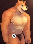  5_fingers 666yubazi anthro black_claws black_clothing black_nose black_underwear blue_eyes brown_body brown_fur canid canine canis claws clothed clothing fingers fur gradient_background hi_res male mammal nipples open_mouth simple_background solo teeth topless underwear 