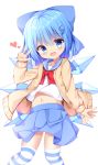  1girl alternate_costume arm_up blue_bow blue_eyes blue_hair blue_sailor_collar blue_skirt bow brown_cardigan cardigan cirno commentary_request cropped_legs eyebrows_visible_through_hair hair_between_eyes hair_bow hair_ornament head_tilt heart highres kuraaken light_blush looking_at_viewer medium_hair midriff navel number open_cardigan open_clothes open_mouth over-kneehighs partial_commentary pleated_skirt red_bow red_neckwear sailor_collar school_uniform serafuku shirt simple_background skirt smile solo striped striped_legwear thighhighs touhou w white_background white_shirt 